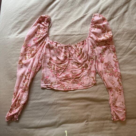 Free People Hilary floral pink Printed Top Pink Combo Boho crew summer /XS - Picture 6 of 10